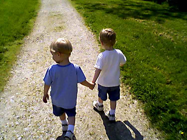 boys holding hands walking away down a path
