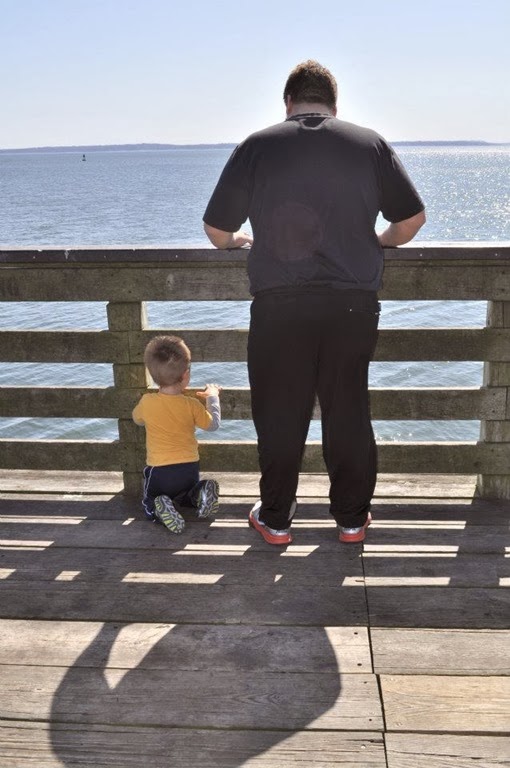 Man and son look thru fence