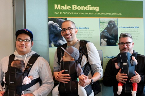 Chicago Dads Group Members with kids in baby carriers in front of a Male Bonding sign at Lincoln Park Zoo