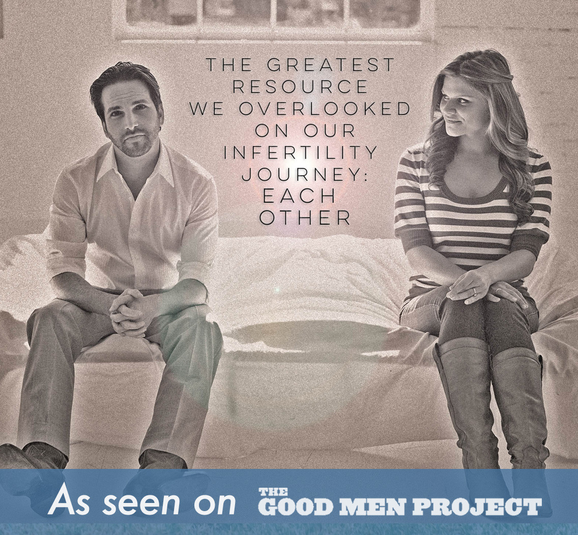 The author, Kevin Seldon, and his wife, Laura, sitting apart on a couch in a promo image for his article, "Surviving Infertility (A Father’s Journey)." Overlaid text: "THE GREATEST RESOURCE WE OVERLOOKED ON OUR INFERTILITY JOURNEY: EACH OTHER." Banner: "As seen on THE GOOD MEN PROJECT."